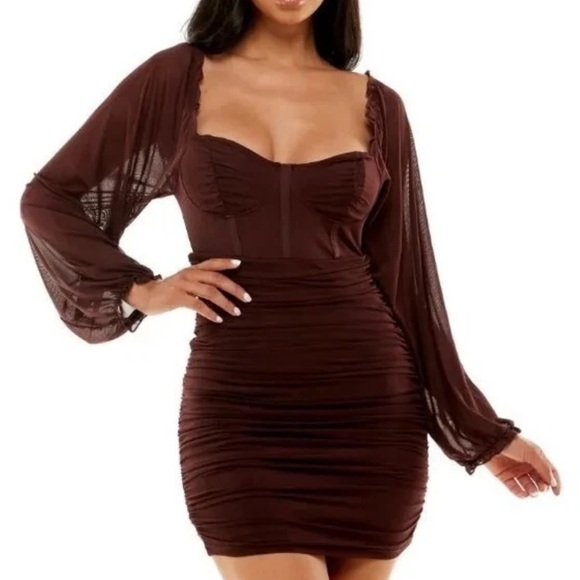 Almost Famous Dresses & Skirts - Almost Famous Brown Mesh-Sleeve Ruched Bodycon Dress NWT